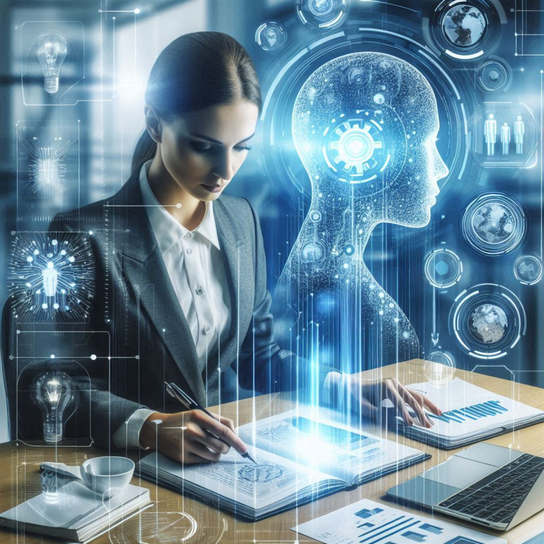 marketing person using AI tools in a futuristic office